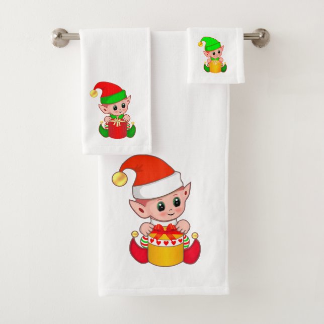 Cute Christmas Elves  Bath Towel Set (Insitu)