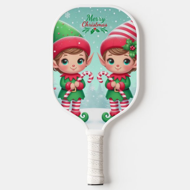 Cute Christmas elves  Carbon Fiber Pickleball Paddle (Front)