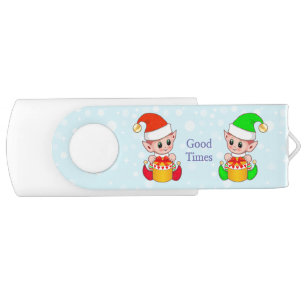 Cute Christmas elves dressed in green & red Flash Drive