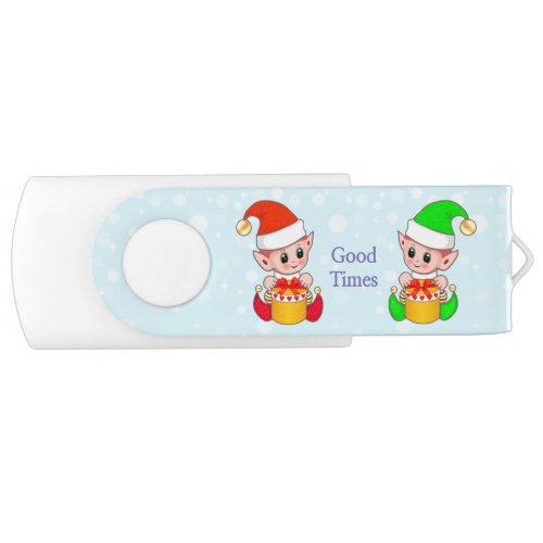 Cute Christmas elves dressed in green  red Flash Drive