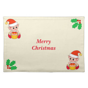 Cute Christmas elves & holly berry leaves on ivory Cloth Placemat