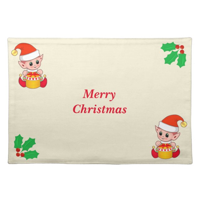 Cute Christmas elves & holly berry leaves on ivory Cloth Placemat (Front)