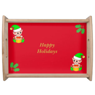 Cute Christmas elves & holly berry leaves on red Serving Tray