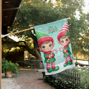Cute Christmas elves House Flag