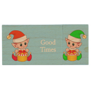 Cute Christmas elves in green & red on light blue Wood Flash Drive