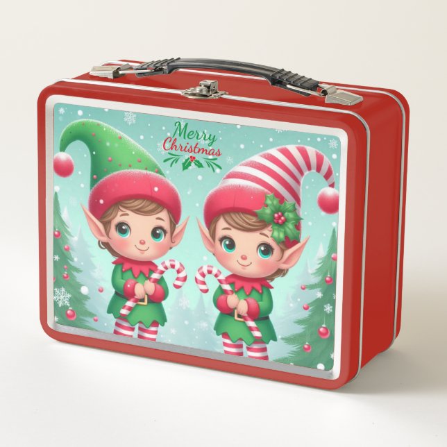Cute Christmas elves  Metal Lunch Box (Front)