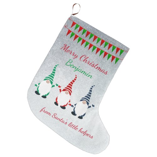 Cute Christmas Elves Monogram Typography Fun Cool Large Christmas Stocking