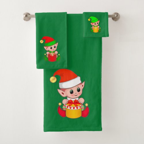 Cute Christmas Elves on Green Bath Towel Set