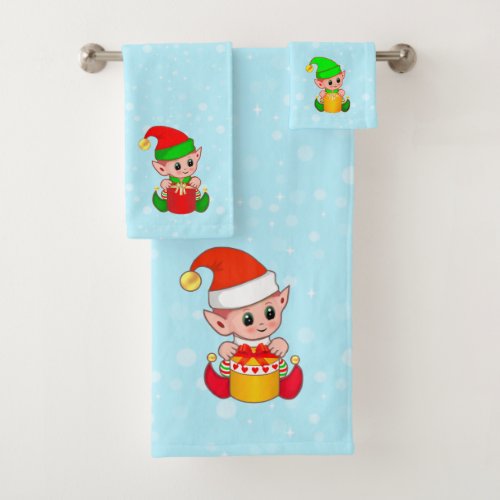 Cute Christmas Elves on Light Blue Bath Towel Set