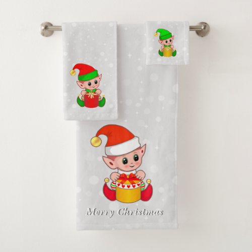 Cute Christmas Elves on Light Silver Gray Bath Towel Set