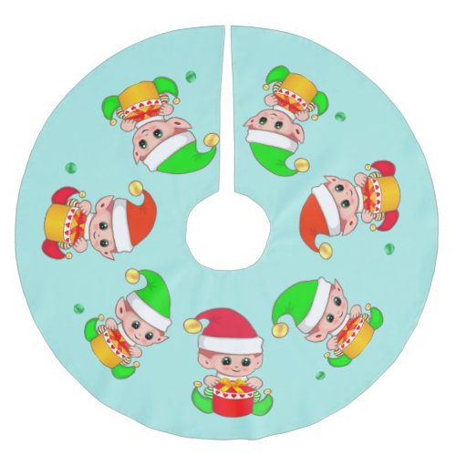 Cute Christmas Elves on Light Teal Brushed Polyester Tree Skirt