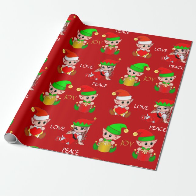 Cute Christmas Elves on Red Wrapping Paper (Unrolled)