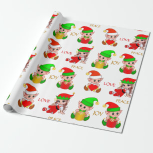 Cute Christmas Elves on White Wrapping Paper