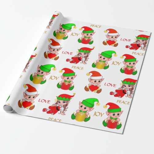 Cute Christmas Elves on White Wrapping Paper