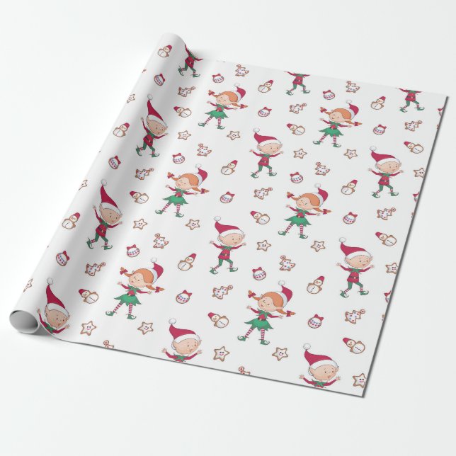 Cute Christmas Elves Pattern Wrapping Paper (Unrolled)