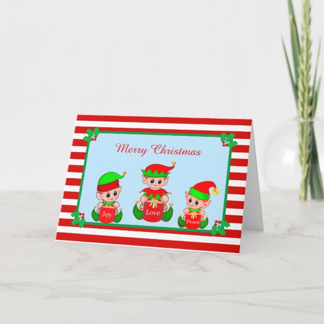 Cute Christmas Elves & Red White Striped Card (Front)