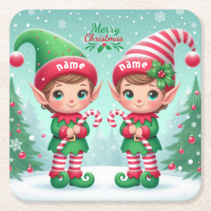 Cute Christmas elves Square Paper Coaster