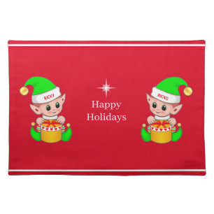 Cute Christmas elves & star on red Cloth Placemat