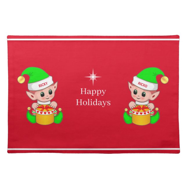 Cute Christmas elves & star on red Cloth Placemat (Front)
