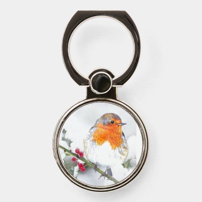 Cute Christmas European Robin Bird Wildlife Art Phone Ring Stand (Front)