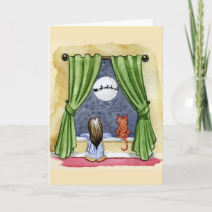 Cute Christmas Eve Child & Kitty Cat Watercolor Card