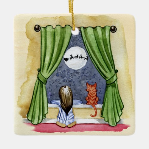 Cute Christmas Eve Child  Kitty Cat Watercolor Ceramic Ornament