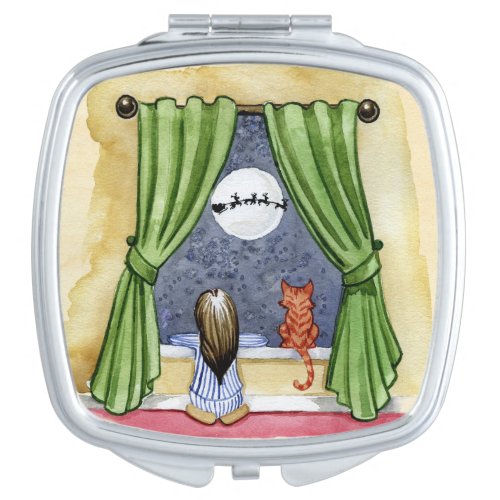 Cute Christmas Eve Child  Kitty Cat Watercolor Compact Mirror