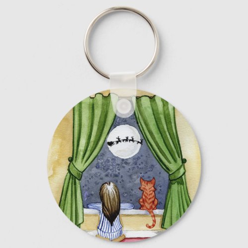 Cute Christmas Eve Child  Kitty Cat Watercolor Keychain