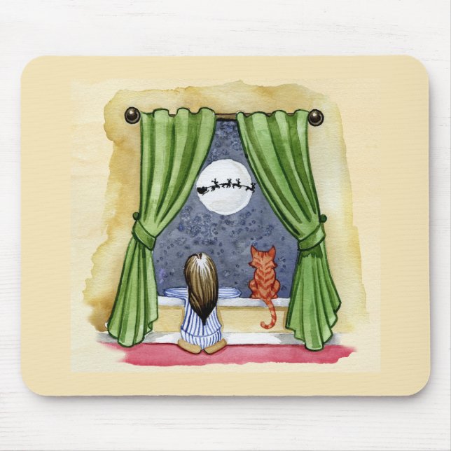 Cute Christmas Eve Child & Kitty Cat Watercolor Mouse Pad (Front)