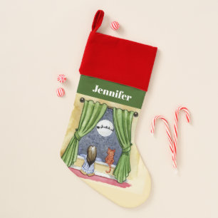 Cute Christmas Eve Child & Kitty Cat Watercolor Stocking