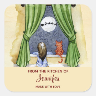 Cute Christmas Eve Scene Watercolor Kitchen Square Sticker