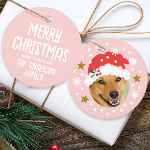 Cute Christmas Face-in-a-hole Pet Photo Pink Favor Tags