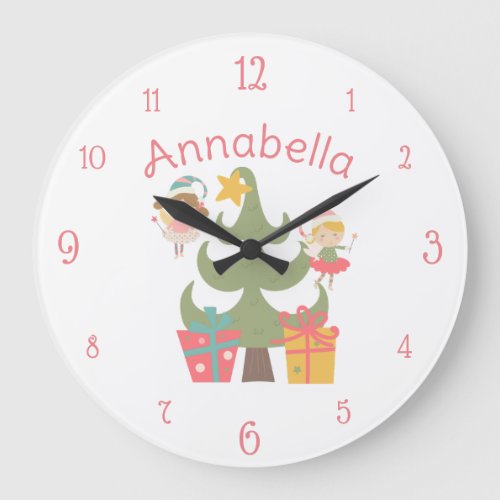 Cute Christmas Fairies Custom Name Large Clock