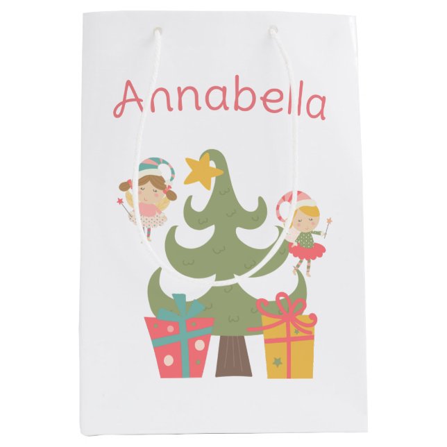 Cute Christmas Fairies Custom Name Medium Gift Bag (Front)