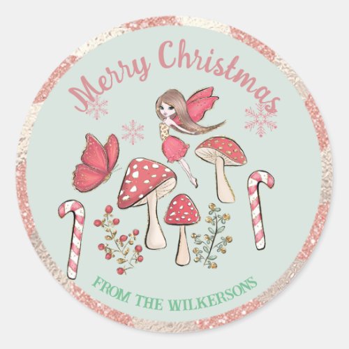 Cute Christmas Fairy and Mushrooms Classic Round Sticker