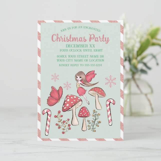 Cute Christmas Fairy and Mushrooms Invitation (Standing Front)
