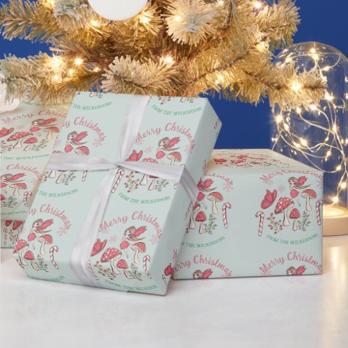 Cute Christmas Fairy and Mushrooms Wrapping Paper