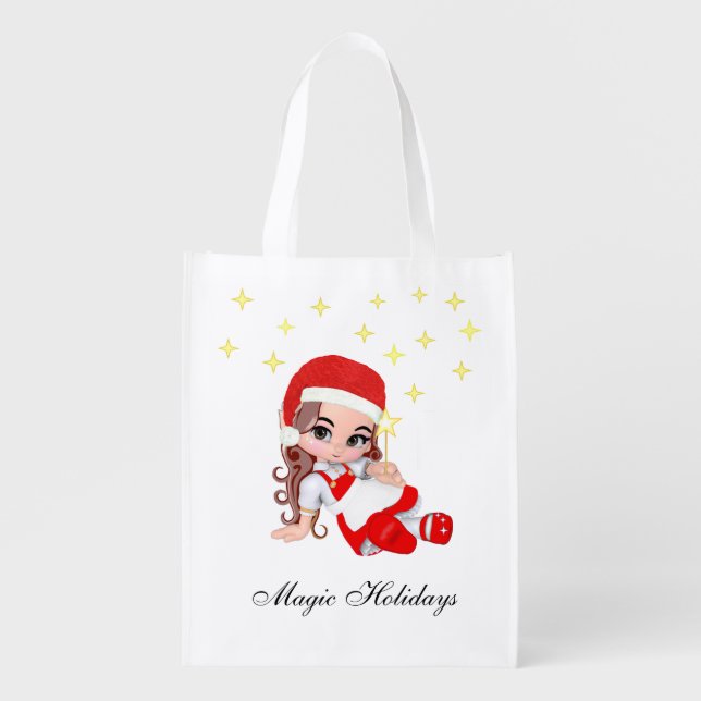 Cute Christmas Fairy Angel & Stars  Grocery Bag (Front)