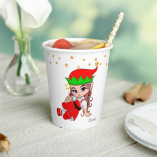Cute Christmas Fairy Elf & Golden Star Confetti Paper Cups