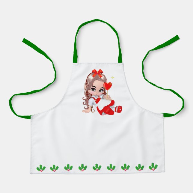 Cute Christmas Fairy & Holly Berry Leaf Border Apr Apron (Front)