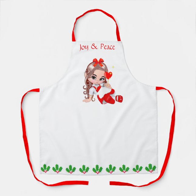 Cute Christmas Fairy & Holly Berry Leaf Border Apron (Front)