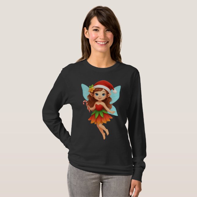 Cute Christmas Fairy Illustration Adorable Holiday T-Shirt (Front Full)