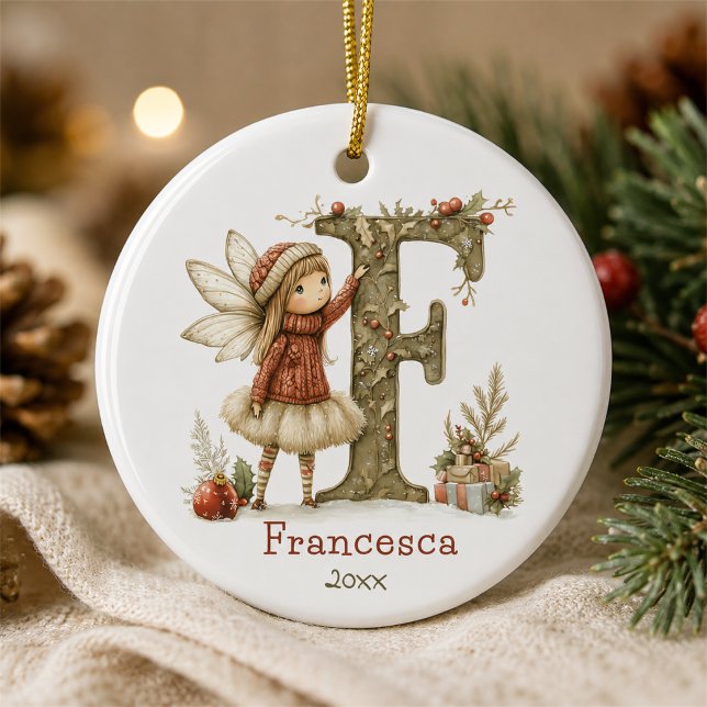 Cute Christmas Fairy Initial Customized Keepsake Ceramic Ornament (Creator Uploaded)
