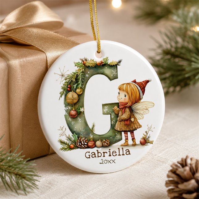 Cute Christmas Fairy Initial 'G' Custom Keepsake Ceramic Ornament (Creator Uploaded)