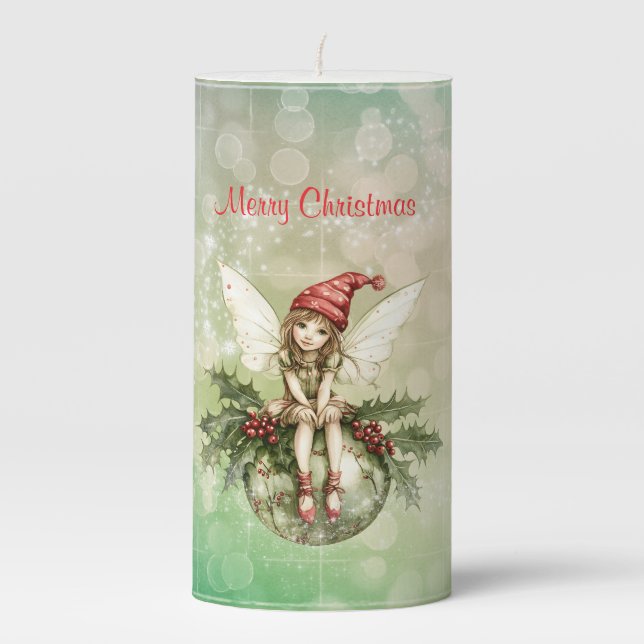 Cute Christmas Fairy on an Ornament Pillar Candle (Front)