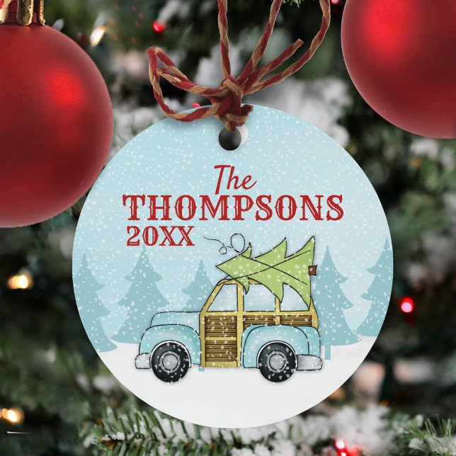 Cute Christmas Family Car Personalized Metal Ornament (Winter blue car with Christmas tree with falling snow simple circle ceramic ornament. )