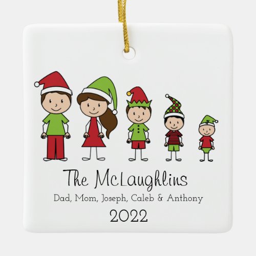Cute Christmas Family of 5 Personalized  Ceramic Ornament
