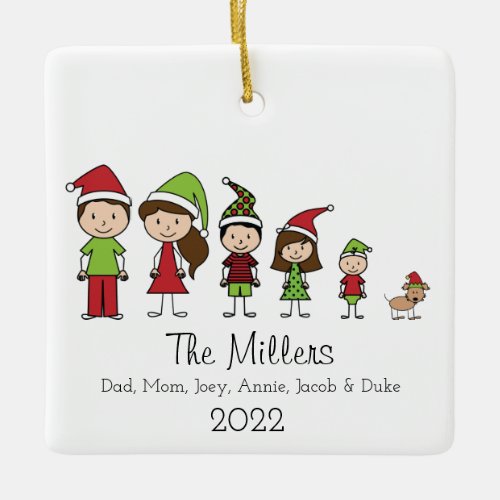 Cute Christmas Family of 5 with Dog Personalized Ceramic Ornament