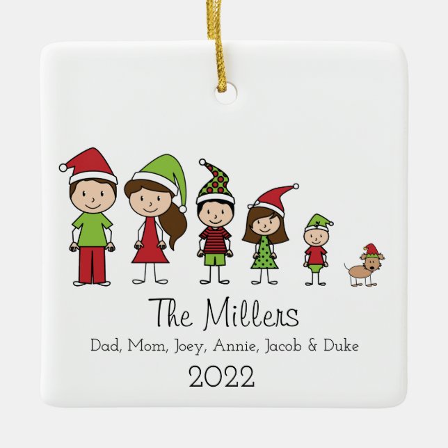 Cute Christmas Family of 5 with Dog Personalized Ceramic Ornament (Front)