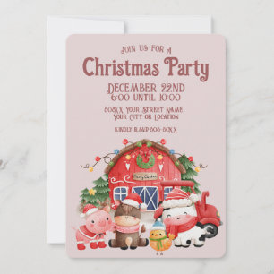 Cute Christmas Farm Animals on Blush Pink Invitation